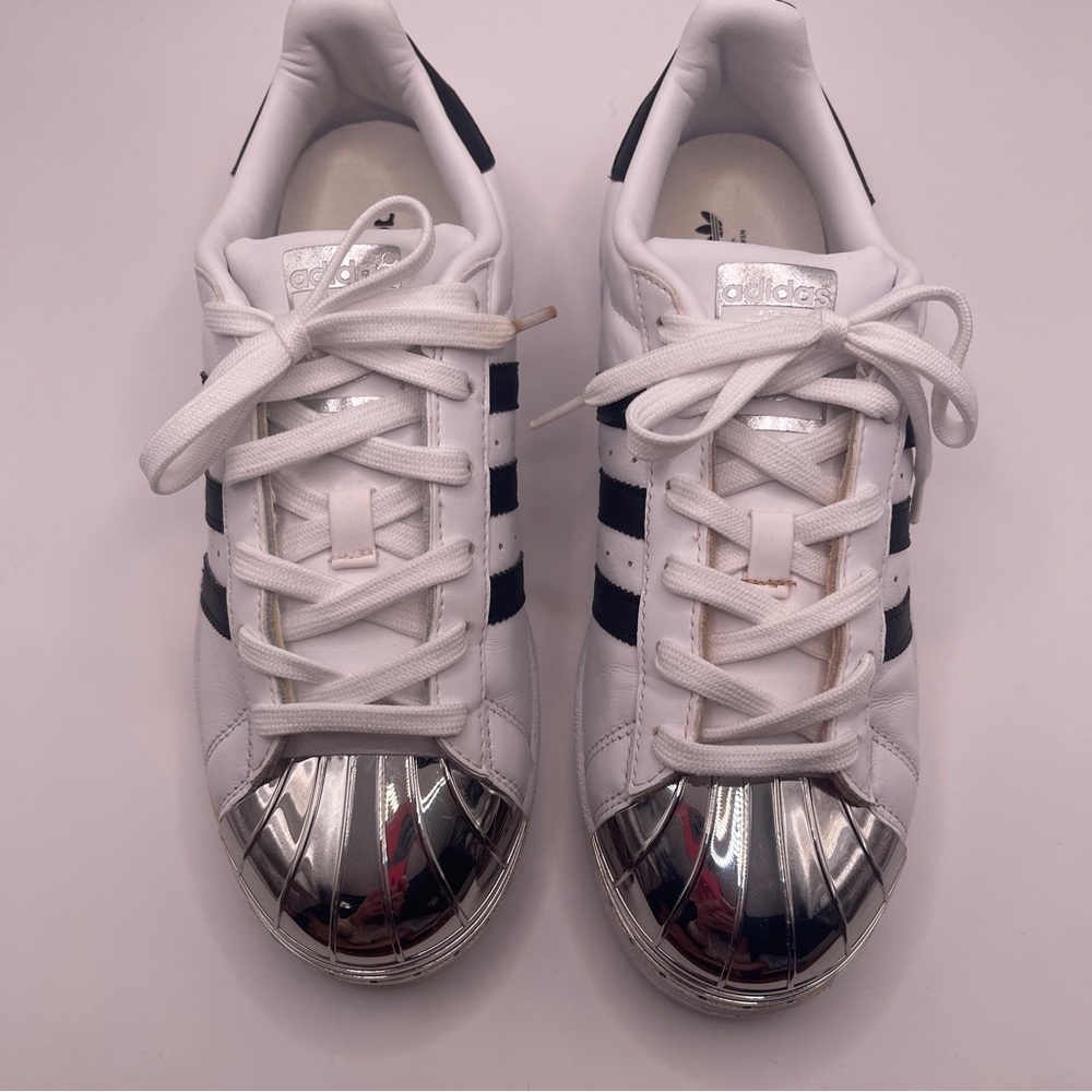 adidas  White Black Sneakers with Silver Shell Toes